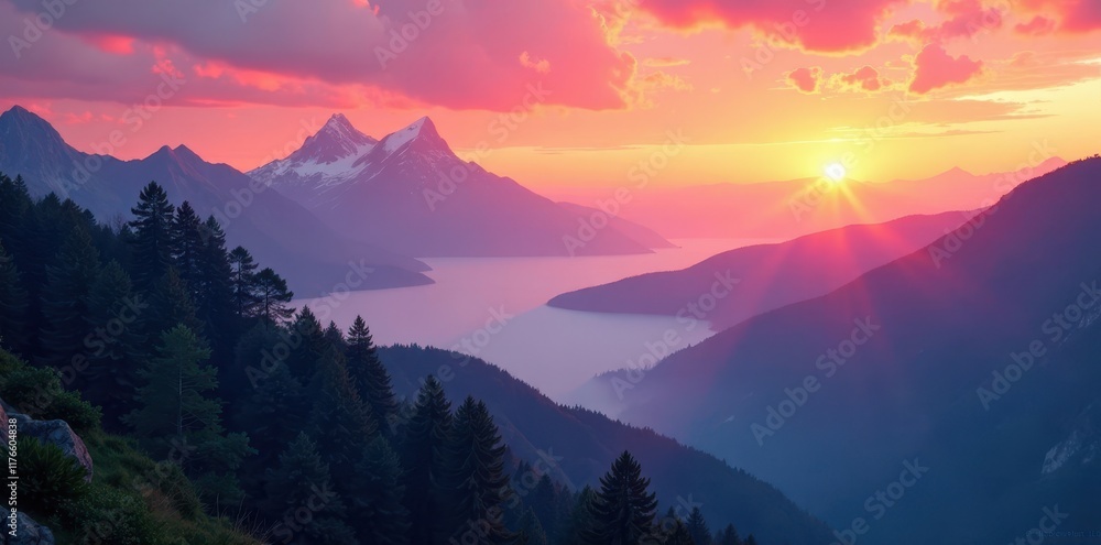 Fototapeta premium Misty mountain range at sunrise, vibrant hues, outdoor, mountain, scenic view