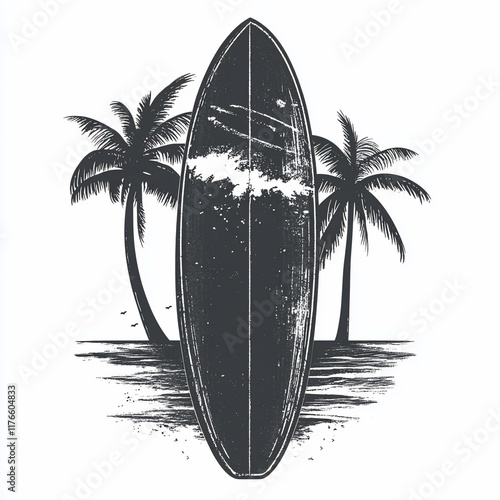 Vintage surfboard graphic art design with palm trees. photo