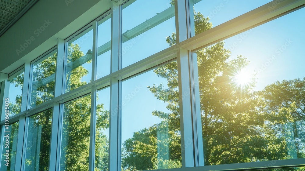 Fototapeta premium Sunlight streams through large windows, showing trees.