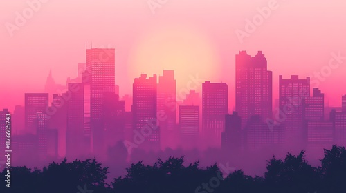 Pink Cityscape at Sunrise A Stunning Illustration Perfect for Wallpaper, Website Banners, and City Themed Designs