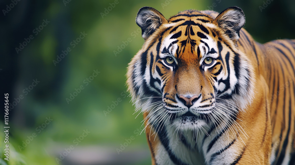 majestic tiger with striking orange and black stripes, showcasing its powerful presence in lush green environment. animal intense gaze captivates viewer majestic tiger with striking orange and black stripes, showcasing its powerful presence in lush green environment. animal intense gaze captivates viewer