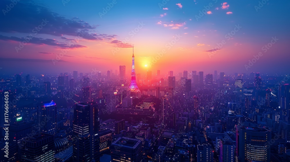 Fototapeta premium Aerial view of Tokyo skyline with illuminated tower at sunset. AI generative. .