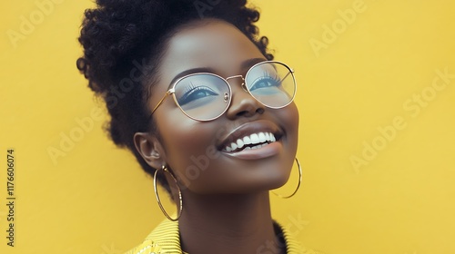 Joyful Black Woman with Afro Hair and Glasses,Perfect for Lifestyle,Beauty
