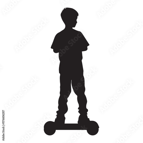 Kid riding hoverboard silhouette vector illustration
