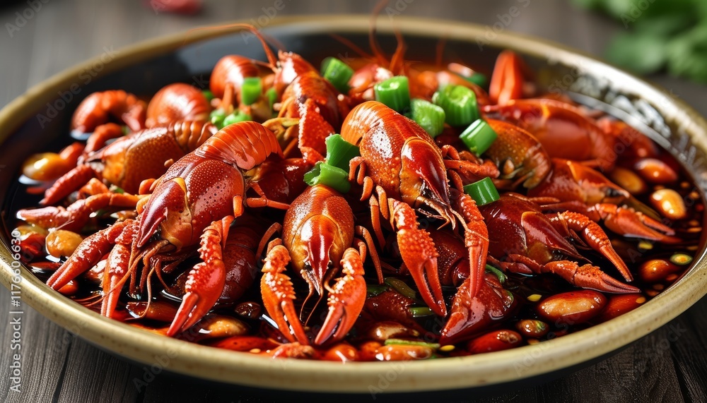 Spicy Sichuan Mala Crayfish Served with Fresh Green Onions in a Decorative Dish Spicy Sichuan Mala Crayfish Served with Fresh Green Onions in a Decorative Dish