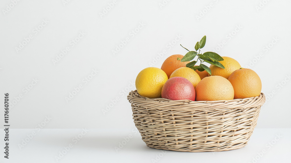 Fresh fruits in wicker basket, including oranges, lemons, and apples, create vibrant and healthy display. Perfect for kitchen or dining setting Fresh fruits in wicker basket, including oranges, lemons, and apples, create vibrant and healthy display. Perfect for kitchen or dining setting