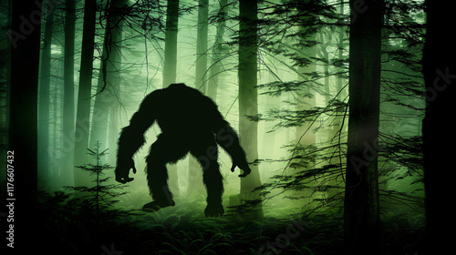 A mysterious Sasquatch silhouette in a dense foggy forest, evoking intrigue, wilderness, and the allure of cryptid legends in a haunting natural setting.
 photo