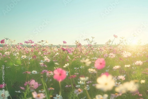 Closeup of soft pink cosmos flowers in a field with sun shining through the foliage. AI generative. . photo