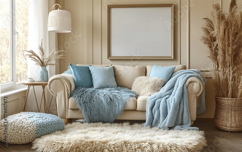 Cozy living room interior with blank frame, sofa, and autumn decor.
