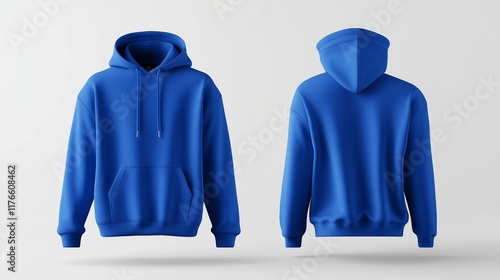 Blue hoodie mockup showing both front and back views 3D rendering of an empty crewneck hooded sweatshirt isolated for a loose overall fabric jumper. Generated by AI.