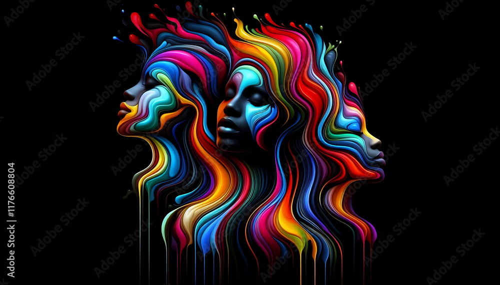 Fototapeta premium Abstract portrait featuring female faces surrounded by colorful, fluid patterns and gradients, symbolizing creativity and modern art.