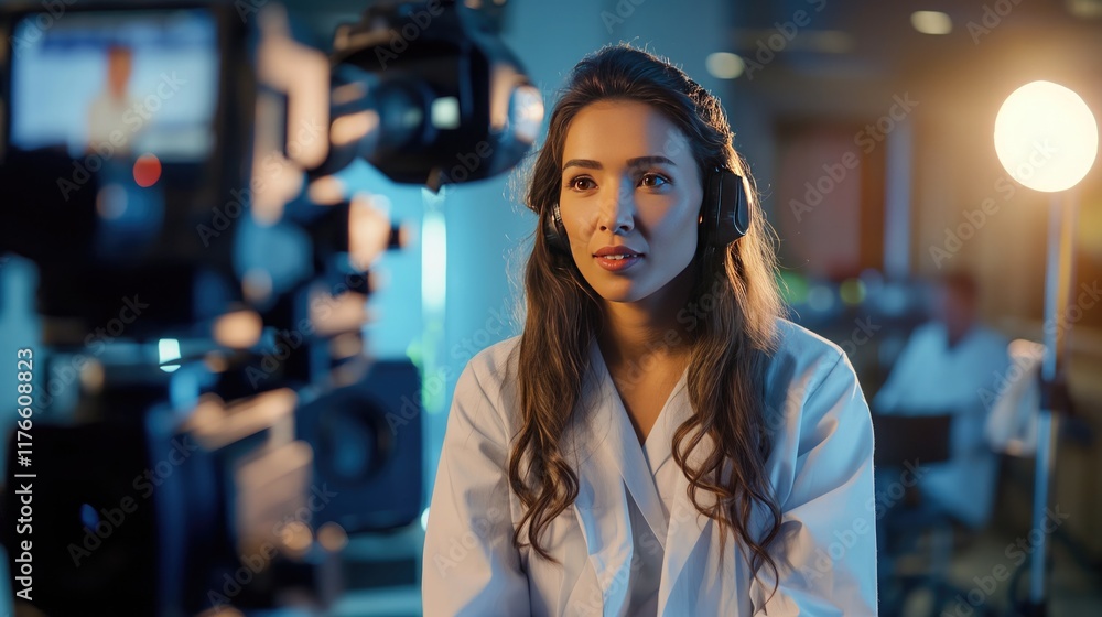 Female Scientist Being Interviewed on Camera in Lab Setting Female Scientist Being Interviewed on Camera in Lab Setting