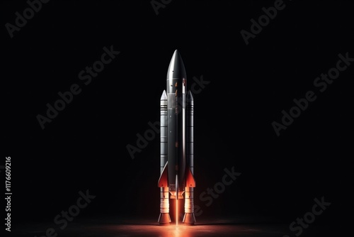 A silver rocket stands tall on a black background with orange flames erupting from its base. AI generative. .