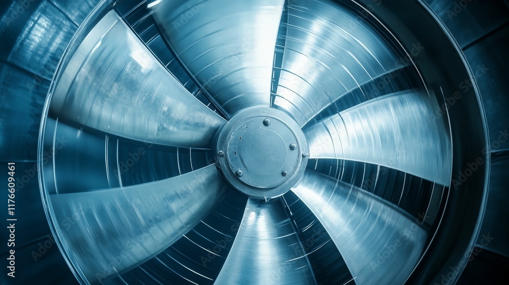 Large industrial fan blades spinning, metallic blue. Large industrial fan blades spinning, metallic blue.