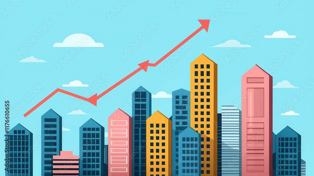 Obraz premium Urban Cityscape with Rising Sales Graph Illustrating Positive Commerce Trends in a Vibrant and Colorful Skyline Against a Bright Blue Sky