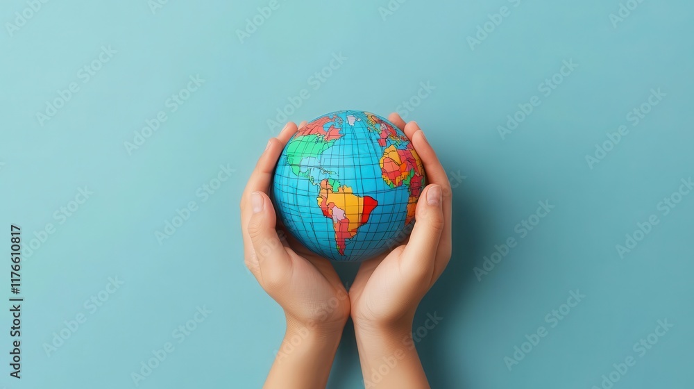 Hands Holding a Holographic Globe Depicting a Colorful Digital World Map on a Soft Blue Background, Ideal for Marketing and Promotional Themes Hands Holding a Holographic Globe Depicting a Colorful Digital World Map on a Soft Blue Background, Ideal for Marketing and Promotional Themes