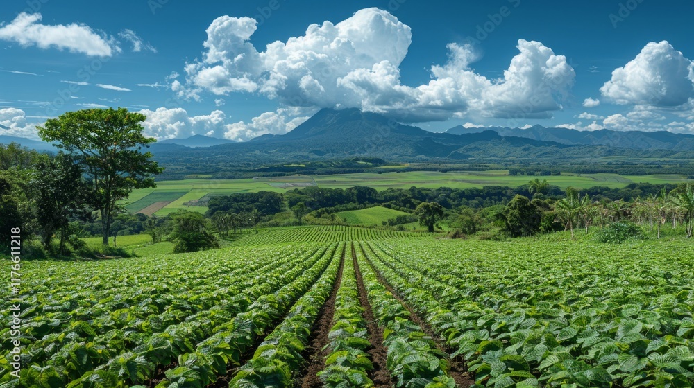 Lush green fields with rows of plants and a mountain in the distance under a blue sky with white clouds. AI generative. . Lush green fields with rows of plants and a mountain in the distance under a blue sky with white clouds. AI generative. .