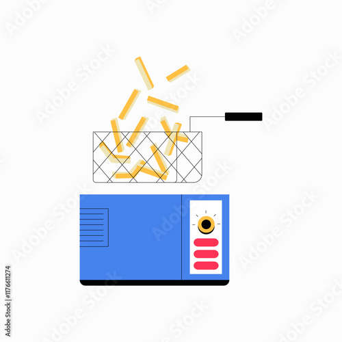 Deep fryer with fries in flat vector illustration symbolizing fast food, cooking process, and fried snacks, isolated on white background.