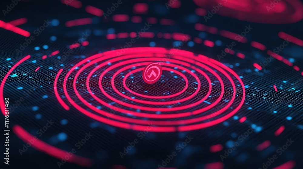 Obraz premium Abstract Symbol Representing User Profiles, Formed by Floating Circles and Digital Elements in a Vibrant Red and Blue Color Scheme