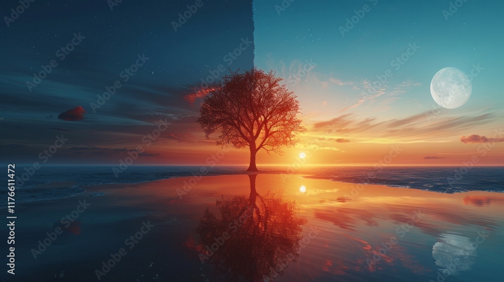 Fototapeta premium Silhouette of a tree at the edge of a body of water with a starry sky and a full moon in the distance. AI generative. .
