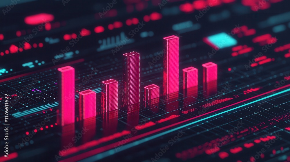 Obraz premium High-Tech Pixel Art Illustration of Marketing Metrics Displaying Growing Graph with Vibrant Neon Colors for Data Analysis and Visualization