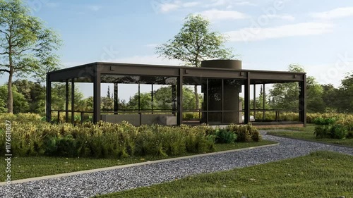 Modern Glass House Surrounded by Nature and Green Trees