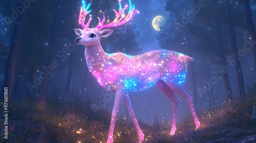 Magical glowing deer in enchanted forest at night photo