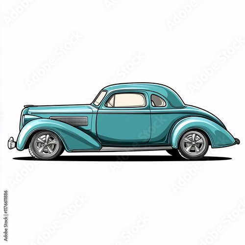 Side view of a vintage teal colored car.