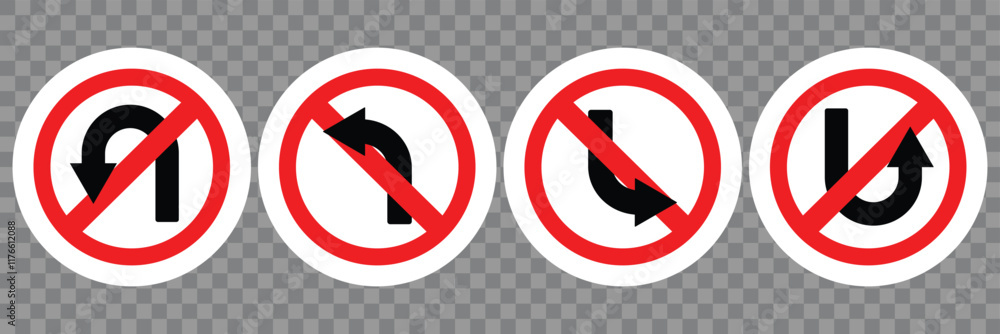 Prohibition traffic road sign. Do not go this way icon collection. Road traffic red prohibitory sign icon. No U-Turn, No Left and Right Turn, One-Way Traffic, and No Entry. Vector Illustration. Prohibition traffic road sign. Do not go this way icon collection. Road traffic red prohibitory sign icon. No U-Turn, No Left and Right Turn, One-Way Traffic, and No Entry. Vector Illustration.