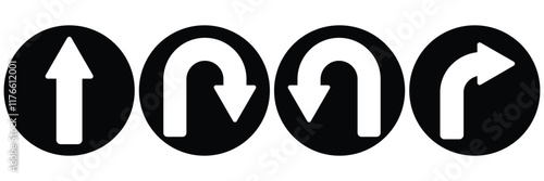 Go Straight This Way One Way Only U Turn Left and Right Blue and White Arrow Round Circle Traffic Sign Direction Icon Set. Right U-turn ahead traffic sign road. Arrows Showing Road Traffic. 