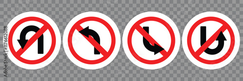 Prohibition traffic road sign. Do not go this way icon collection. Road traffic red prohibitory sign icon. No U-Turn, No Left and Right Turn, One-Way Traffic, and No Entry. Vector Illustration.  photo