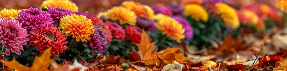 Autumn garden with colorful chrysanthemums and fallen leaves Autumn garden with colorful chrysanthemums and fallen leaves