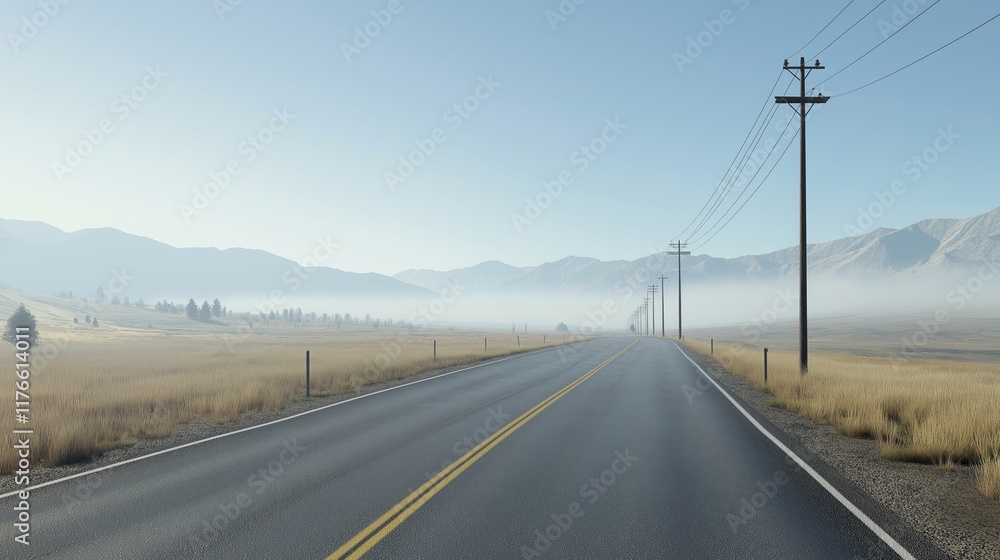 Fototapeta premium Photorealistic Long stretch of empty road leading towards misty mountains, cut out