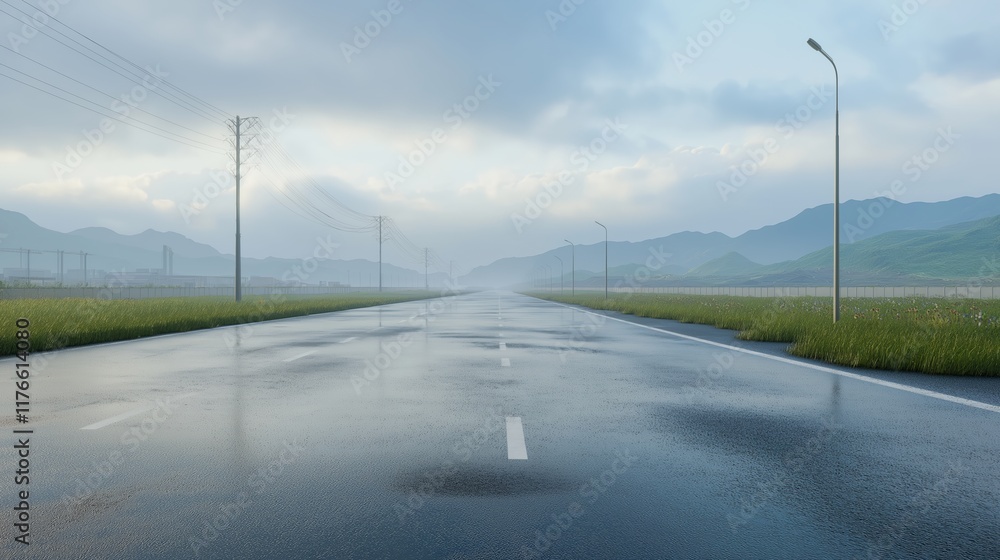 Fototapeta premium Photorealistic Long stretch of empty road leading towards misty mountains, cut out