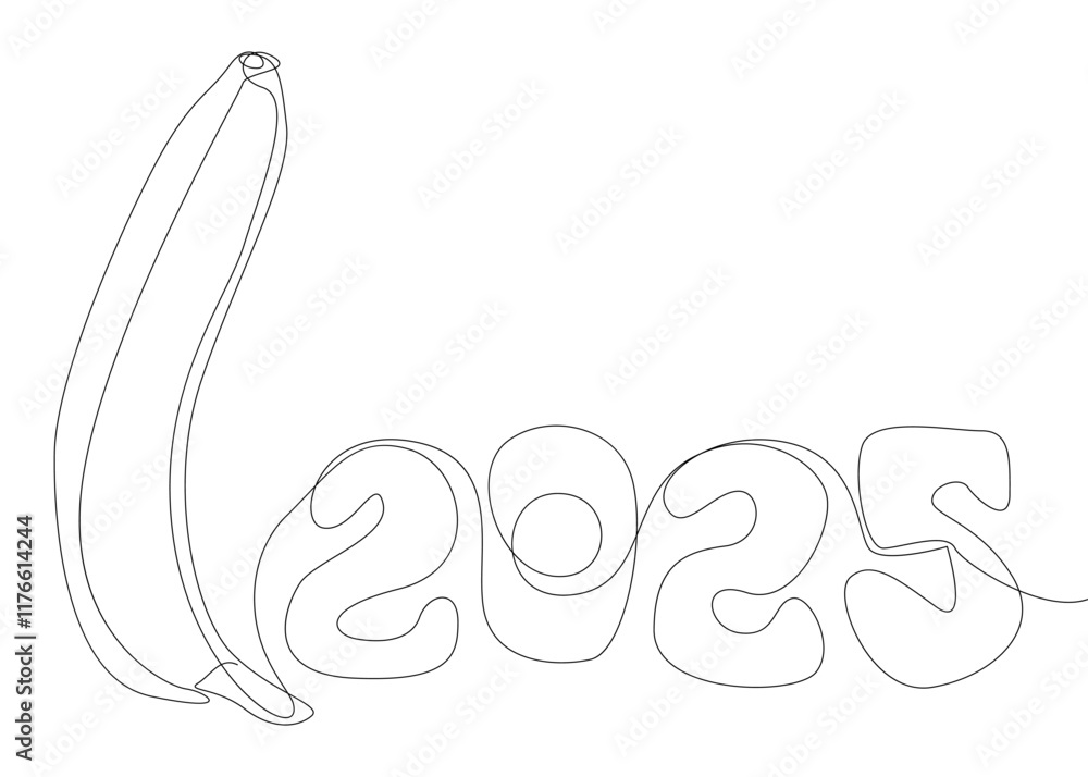 Fototapeta premium One continuous line of Banana with number 2025. Thin Line Illustration vector concept. Contour Drawing Creative ideas.