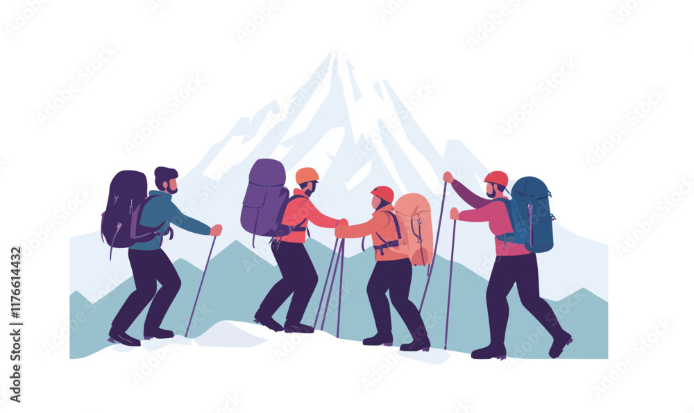 Naklejka premium Climbers Teamwork Adventure in Mountains Helping Each Other Hiking Vector Illustration