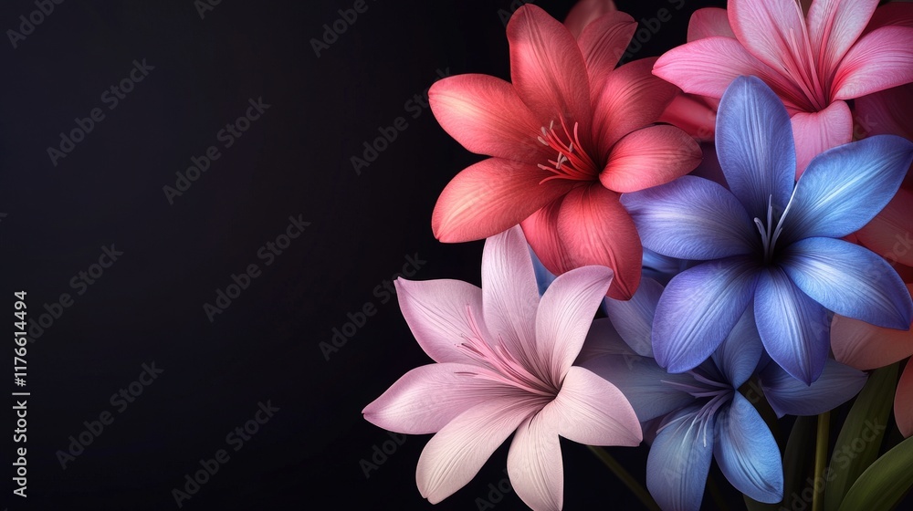 Fototapeta premium Vibrant and Beautiful Bunch of Colorful Flowers Against a Dramatic Black Background for Elegant Floral Designs and Artistic Inspiration
