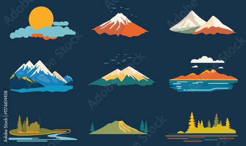 Minimalist Vector Illustration of Iconic U.S. National Parks Landscapes