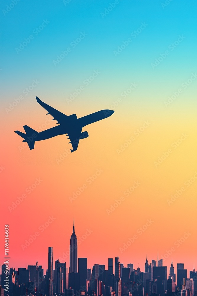 A silhouette of an airplane flying over a city skyline during a colorful sunset, showcasing urban life and travel. A silhouette of an airplane flying over a city skyline during a colorful sunset, showcasing urban life and travel.