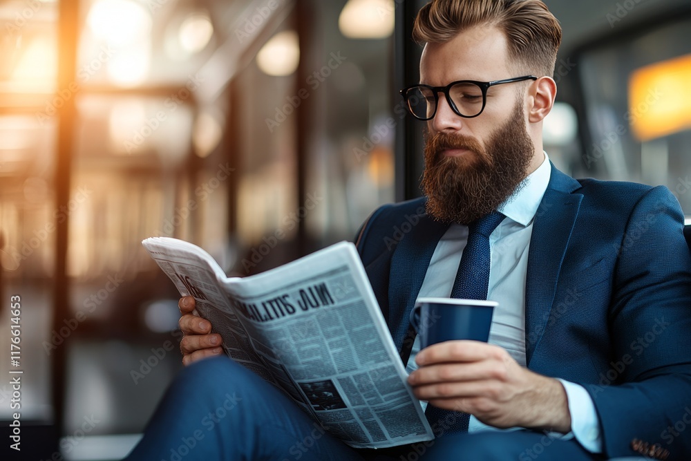 Fototapeta premium Caucasian male adult reading newspaper on train with coffee cup in hand