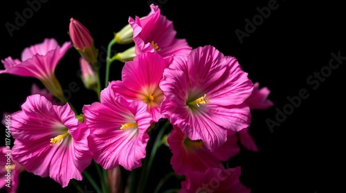 A lush group of vibrant pink Lisianthus flowers showcasing intricate details of the delicate petals and soft, feathery texture, set against a stark black background that isolates the subject photo