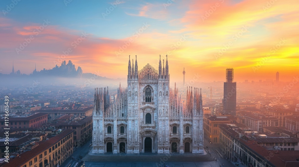 Fototapeta premium Majestic Milan Cathedral with its iconic Gothic spires and domes silhouetted against a vibrant golden sunset sky showcasing the stunning cityscape of Milan a popular tourist destination in Italy