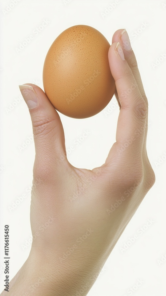 Close up of woman hand holding a fresh brown egg, healthy eating and cooking concept on white background Close up of woman hand holding a fresh brown egg, healthy eating and cooking concept on white background
