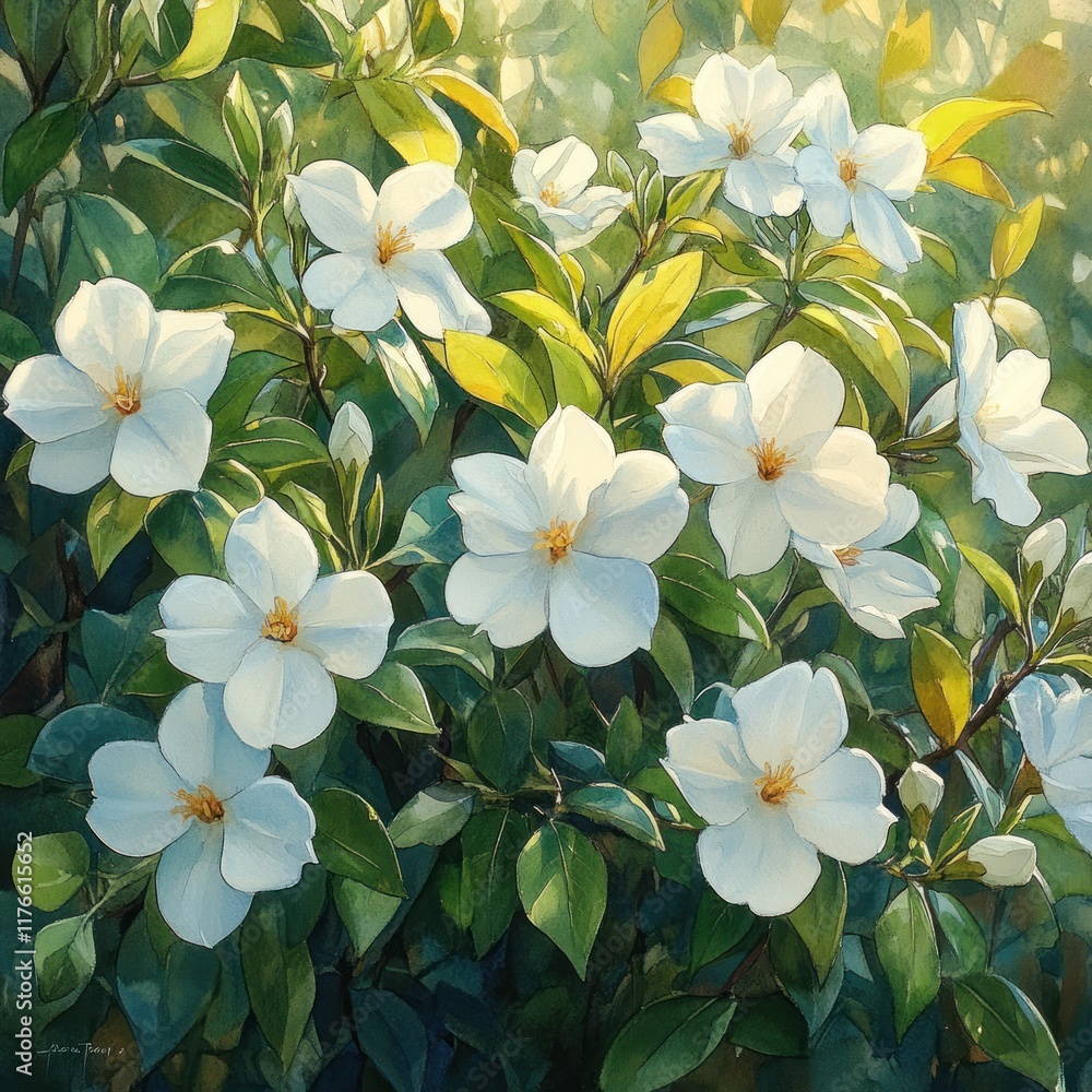 Obraz premium Watercolor painting, lush green leaves, white blossoms.