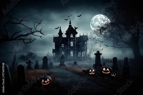 Spooky Halloween scene with a haunted house, full moon, bats, jack-o'-lanterns, and a graveyard. AI generative. . photo