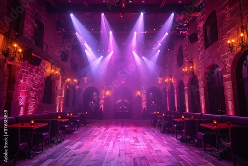 A moody interior space with stone walls, wooden floors, and pink stage lights. AI generative. .