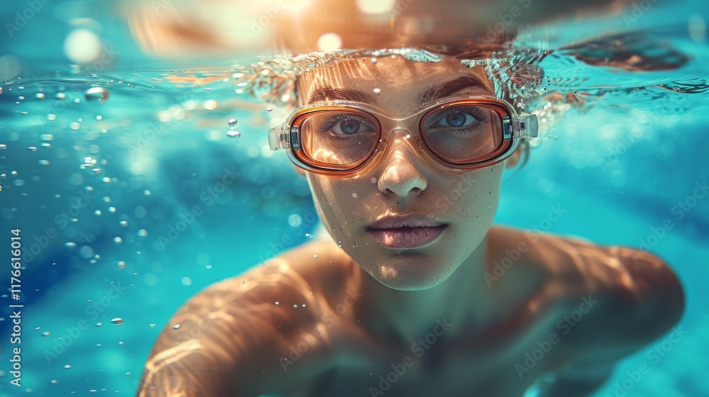 Naklejka premium Woman with brown hair and goggles underwater in a swimming pool. AI generative. .