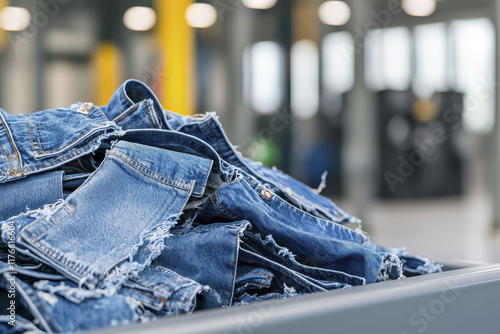 Denim scraps in recycling facility, showcasing textile recycling process. vibrant blue fabric highlights sustainability efforts in fashion industry photo