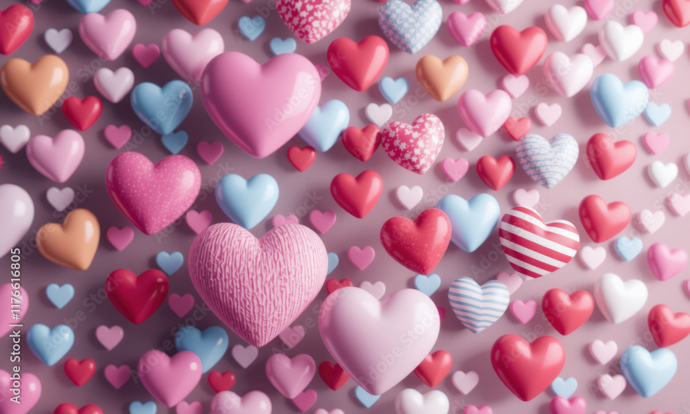 Obraz premium vibrant array of colorful heart shapes in pink, red, blue, and white creates lively and romantic background. hearts vary in patterns and textures, adding depth and charm to scene