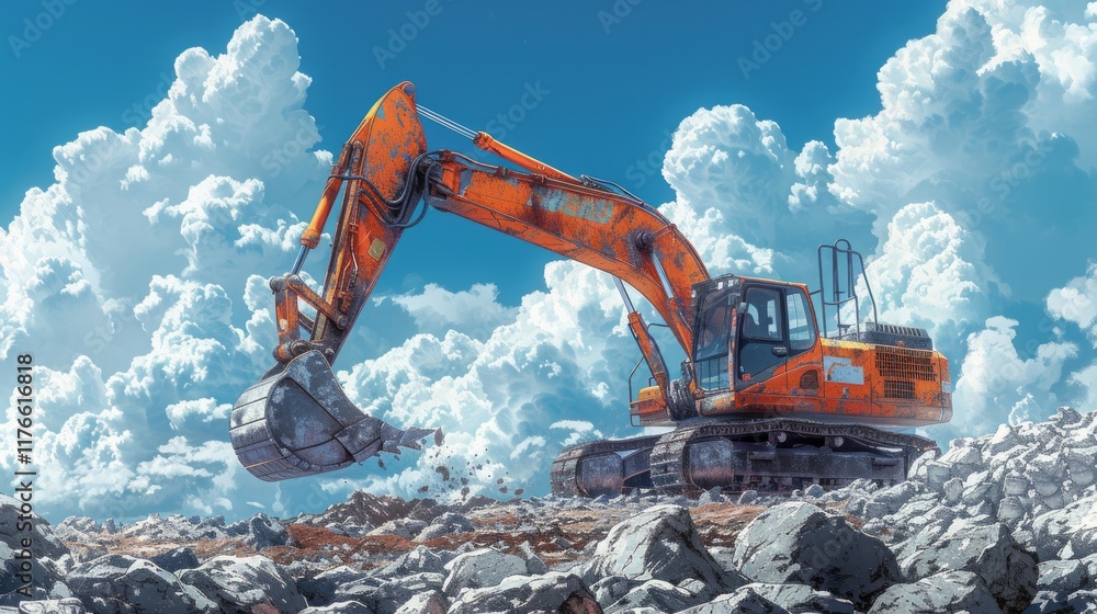 Orange excavator digging in rocks with a blue sky and clouds. AI generative. . Orange excavator digging in rocks with a blue sky and clouds. AI generative. .